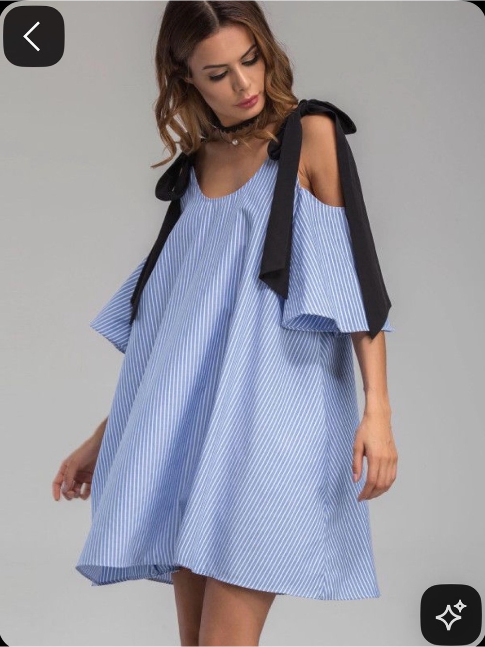 Zara Light Blue Pinstripe Cold-Shoulder Mini Dress with Black Tie Straps